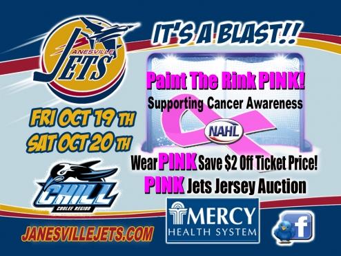 PAINT THE RINK PINK presented by MERCY HEALTH SYSTEM  October 19 and 20 vs. Coulee Region Chill, 7 pm